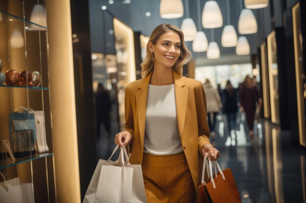 Ritratto di felice shopping a piedi con le borse della spesa nel centro commerciale