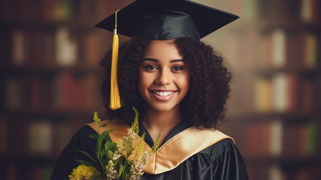 Ritratto di felice studentessa laureata afroamericana che celebra la laurea