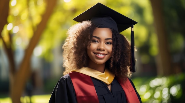 Ritratto di felice studentessa laureata afroamericana che celebra la laurea