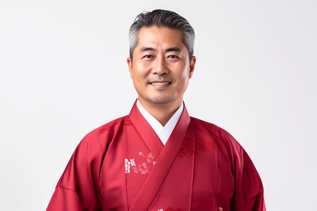Ritratto di felice uomo asiatico di mezza età in kimono rosso