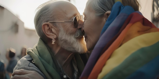Ritratto di felice vecchia coppia gay che abbraccia e bacia sulla strada Lgbt e concetto di amore IA generativa
