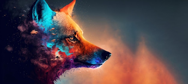 Ritratto di Fox animale astratto con vernice colorata a doppia esposizione IA generativa
