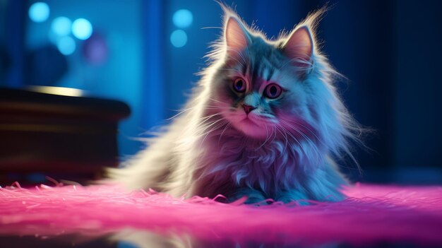 Ritratto di gatti a pelo lungo con luci ciano e magenta Diverse pose ed espressioni di un gatto in luci al neon colorate e rosse