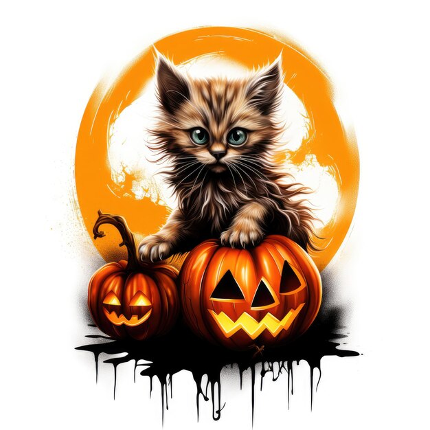 ritratto di gattino nero illustrazione di Halloween design di orrore spaventoso tatuaggio adesivo isolato fantasia