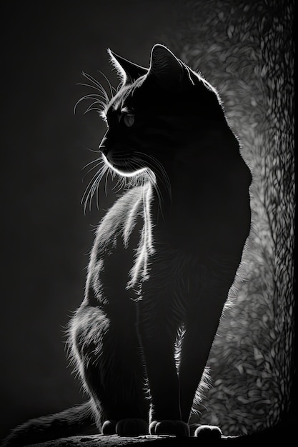 ritratto di gattino silhouette studio fotografico nero bianco retro proiettore retro retro illuminazione posteriore poster professionale