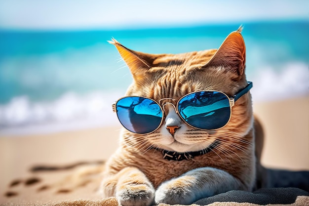 Ritratto di gatto che prende il sole in occhiali da sole alla moda sulla riva sabbiosa del bellissimo oceano Illustrazione dell'IA generativa