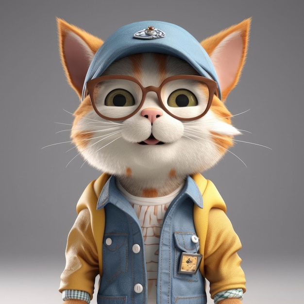 Ritratto di gatto del fumetto 3D che indossa vestiti occhiali cappello giacca in piedi davanti
