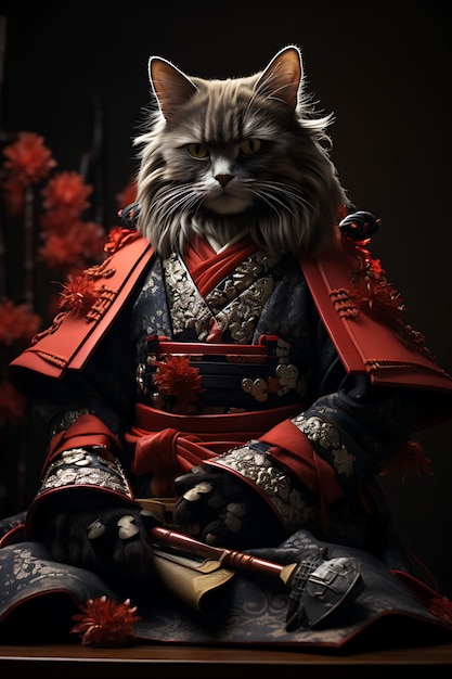 Ritratto di gatto della foresta norvegese vestito da samurai per il costume festivo giapponese F Pet Photo