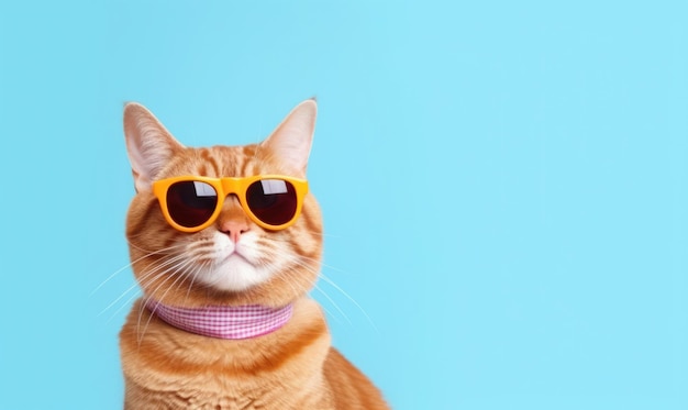 Ritratto di gatto divertente che indossa occhiali da sole su sfondo blu