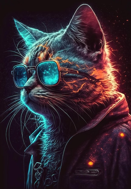 Ritratto di gatto elegante in occhiali da sole cyberpunk con luce al neon Illustrazione dell'IA generativa