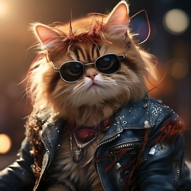 Ritratto di gatto esotico a pelo corto vestito da rock star per un festival musicale Pet Festive Costume Photo