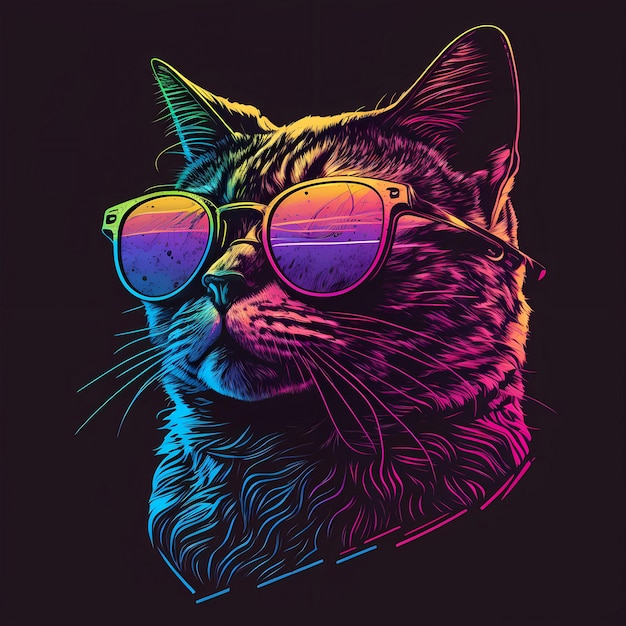 Ritratto di gatto Retrowave con sfondo nero