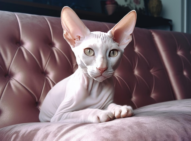 Ritratto di gatto Sphynx in un plaid rosa Sfinge rosa Gatto senza peli Foto di un animale domestico Il gatto addormentato sta riposando a casa Copia spazio