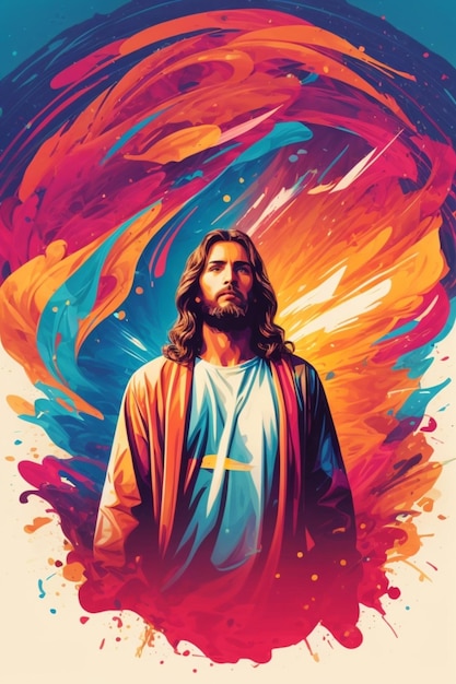 ritratto di Gesù Cristo illuminato che mostra il percorso per l'illustrazione del poster di salvezza