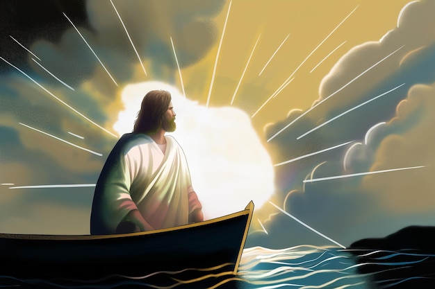 Ritratto di Gesù Cristo sul lago Illustrazione dell'IA generativa