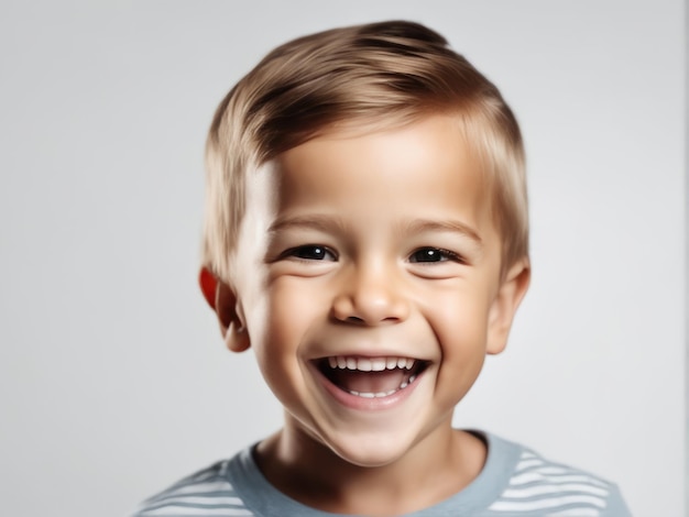 Ritratto di giovane bambino sorridente eccitato che ride su sfondo bianco studio