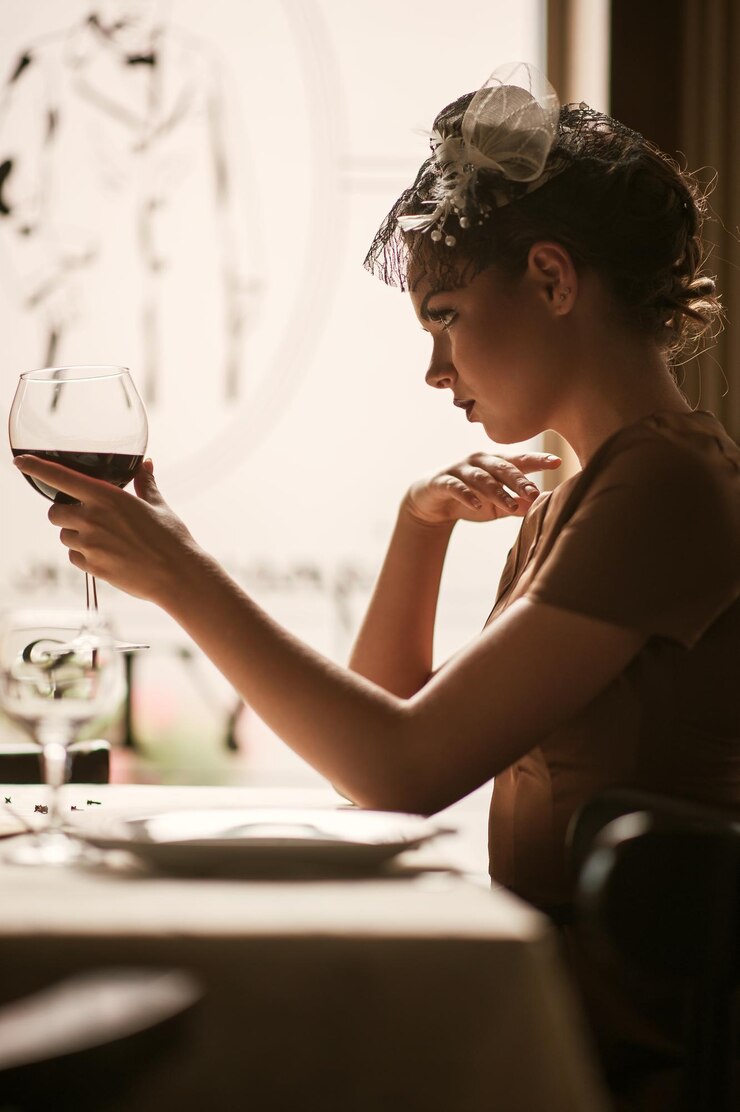 Ritratto di giovane donna che beve vino rosso