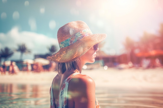 Ritratto di giovane donna con cappello di paglia e bikini sulla spiaggia Creato con strumenti di intelligenza artificiale generativa
