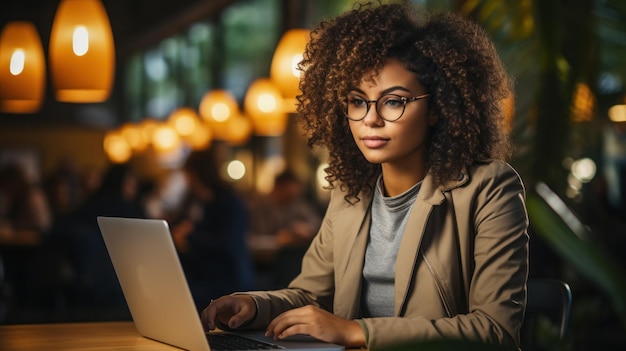 Ritratto di giovane donna d'affari afroamericana che utilizza il computer portatile nella caffetteria IA generativa