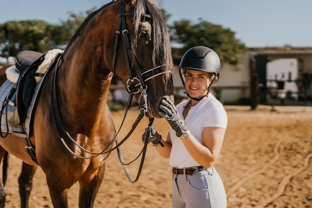 Ritratto di giovane donna in abbigliamento da equitazione in posa con cavallo prima del dressage con casco