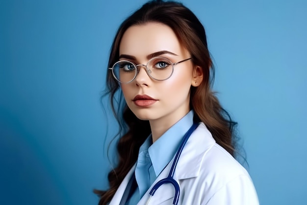 ritratto di giovane donna medico con stetoscopio su sfondo blu isolato ai generativa