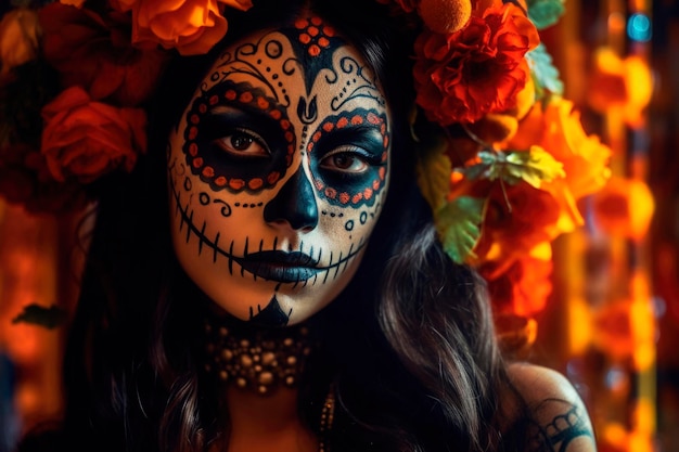 Ritratto di giovane donna nei panni della Catrina con trucco dipinto con arte brillante e decorazioni floreali sulla testa Celebrazione tradizionale della festa messicana preparata per il festival La Muerte generato AI