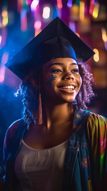 Ritratto di giovane donna nera americana che indossa un cappello di laurea che balla alla festa Sfondo bokeh festivo Illustrazione di intelligenza artificiale generativa