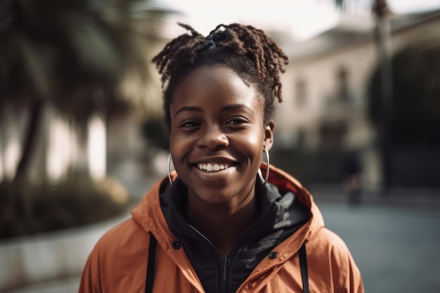 Ritratto di giovane donna sportiva africana nera sorridente all'aperto in una giornata di sole
