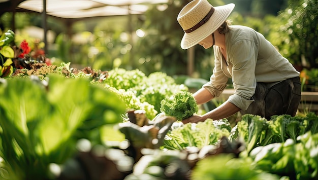 Ritratto di giovane giardiniere femminile in cappello che lavora con verdure fresche in serra