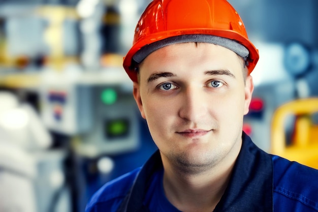 Ritratto di giovane ingegnere con casco nell'ambiente di lavoro in fabbrica Il lavoratore di gas guarda con sicurezza direttamente nella fotocamera