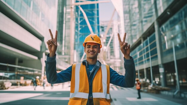 ritratto di giovane ingegnere edile in segno di vittoria DPI nel cantiere di costruzione alto