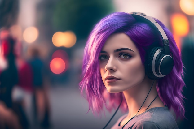 Ritratto di giovane ragazza con capelli viola che ascolta musica con le cuffie sulla strada della città Arte generata dalla rete neurale