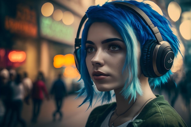 Ritratto di giovane ragazza con i capelli blu che ascolta musica con le cuffie sulla strada della città Arte generata dalla rete neurale