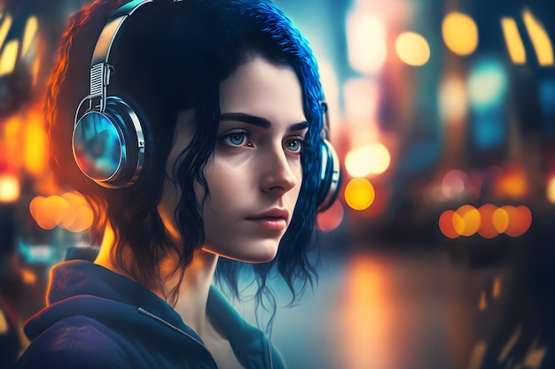 Ritratto di giovane ragazza con i capelli neri che ascolta musica con le cuffie sulla strada della città Arte generata dalla rete neurale