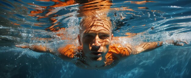 Ritratto di giovane ragazza sorridente sott'acqua nel concetto di vacanza in piscina