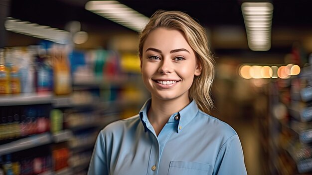 Ritratto di giovane sorridente lavoratrice del supermercato Ai generativa