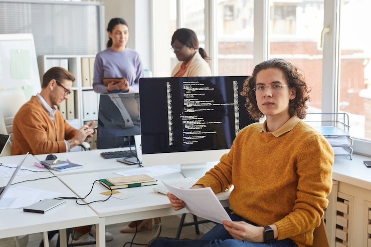 Foto ritratto di giovane sviluppatore it che guarda la telecamera mentre posa contro il computer con codice sullo schermo in studio di produzione software, spazio copia