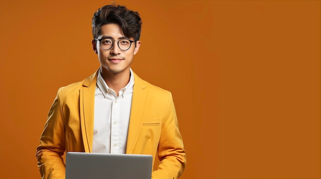 Ritratto di giovane uomo d'affari asiatico in piedi e in possesso di computer portatile IA generativa