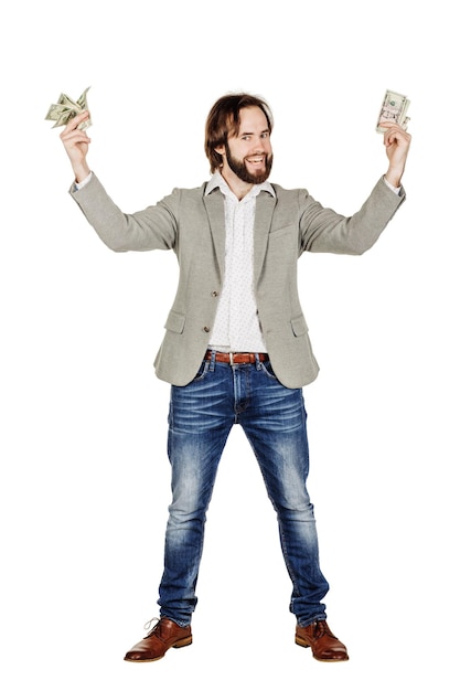 Ritratto di giovane uomo d'affari che tiene e conta banconote da un dollaro in mani isolate su sfondo bianco emozione espressione facciale sensazione di risparmio di ricompensa finanziaria