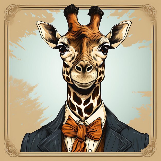 Ritratto di giraffa che indossa macchie che guarda dall'alto Tan Color S Vintage Poster 2D Flat Design Art