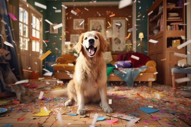 Ritratto di Golden Retriever sullo sfondo di un pasticcio a casa creato con la tecnologia Generative AI