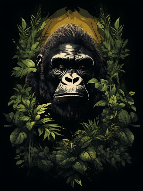 Ritratto di Gorilla che tiene il fogliame che cammina potentemente nero C Poster vintage 2D Design piatto art