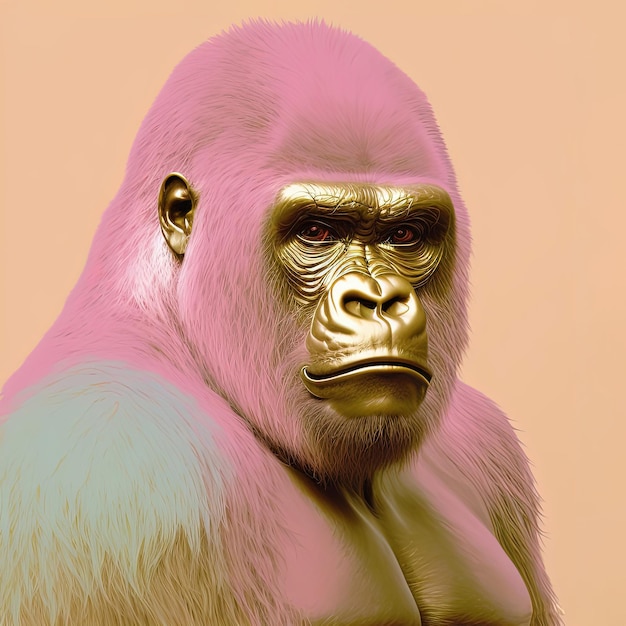 Ritratto di gorilla colori pastello rosa e giallo copia spazio IA generativa