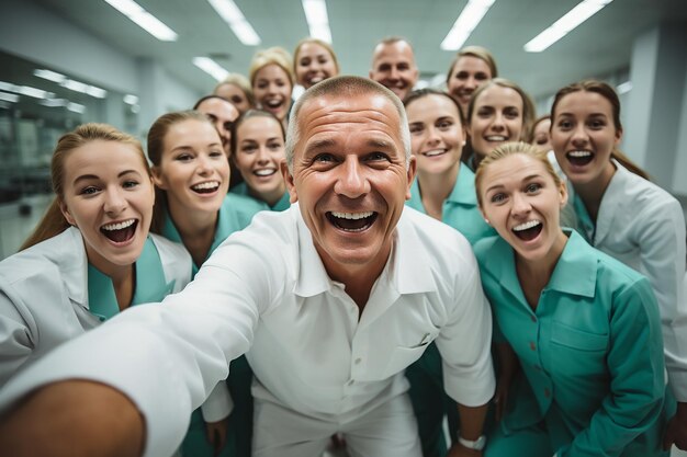 ritratto di gruppo del personale in un ospedale selfie dottore e infermiera in uniforme e cappotti bianchi guardando