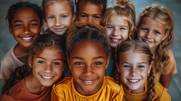 Ritratto di gruppo di bambini felici insieme che guardano la telecamera sorridendo Visto da sotto