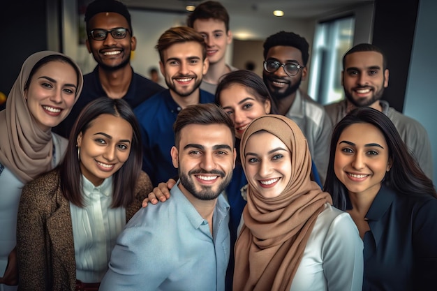 Ritratto di gruppo di impiegati multietnici che sorridono alla telecamera facendo un buon lavoro insieme