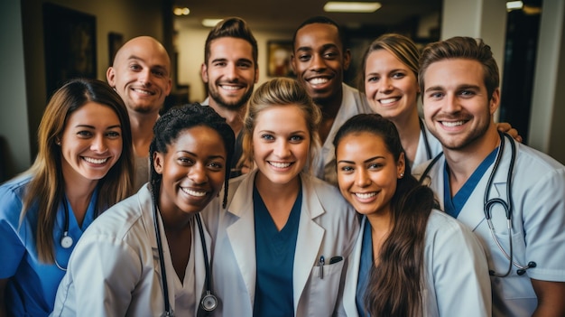 Ritratto di gruppo di medici e sotto in cerchio sorriso e lavoro di squadra per l'assistenza sanitaria