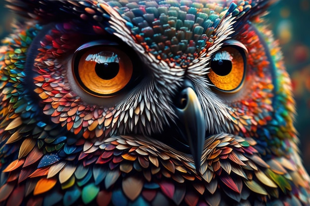 Ritratto di gufo animale astratto con vernice colorata a doppia esposizione con intelligenza artificiale generativa