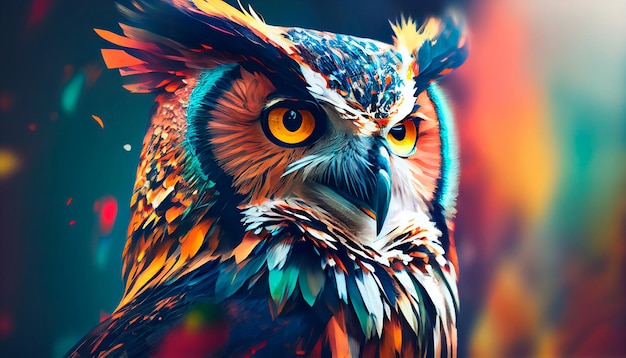 Ritratto di gufo animale astratto con vernice colorata a doppia esposizione IA generativa
