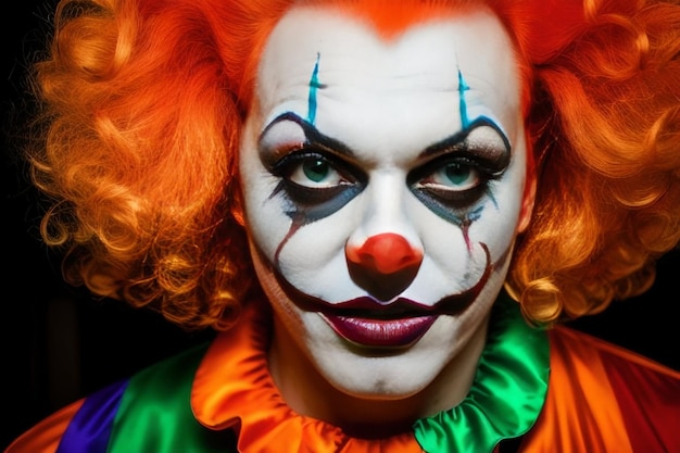 ritratto di Halloween di una ragazza clown nel trucco sorriso capelli rossi